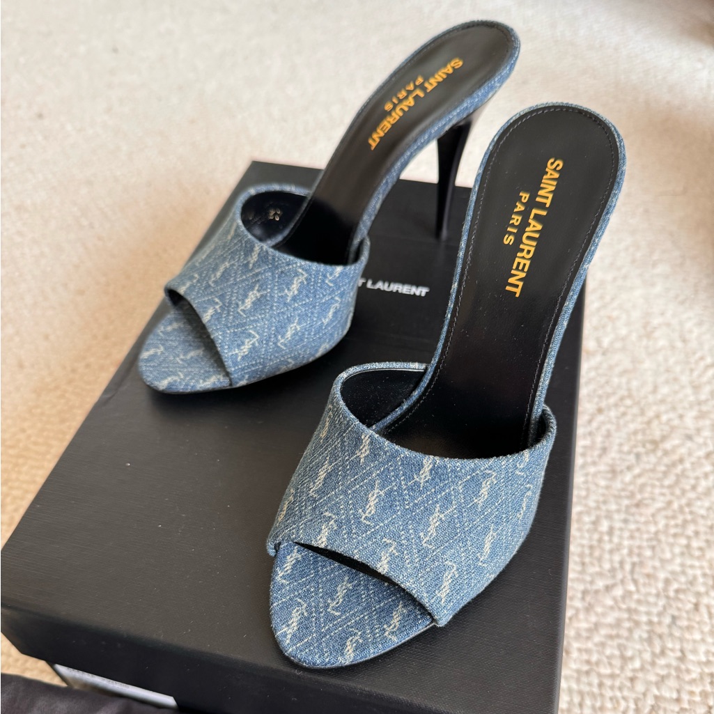 Saint Laurent Ysl Jean Logo Heel Mules Denim. Worn Once. Dust Bag And Box.